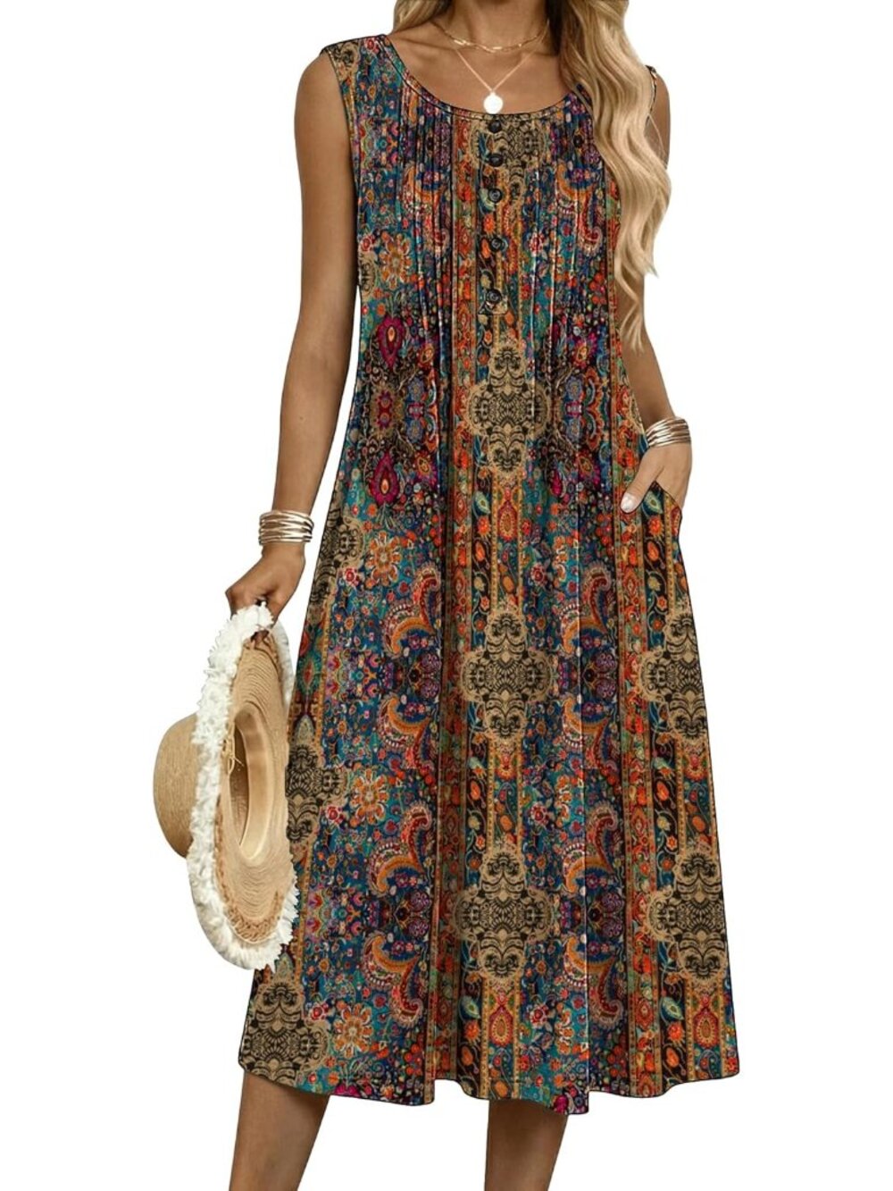 Women's Brown Flowy Aline Casual Midi Tank Dress Beach Boho Vacation Sundress
